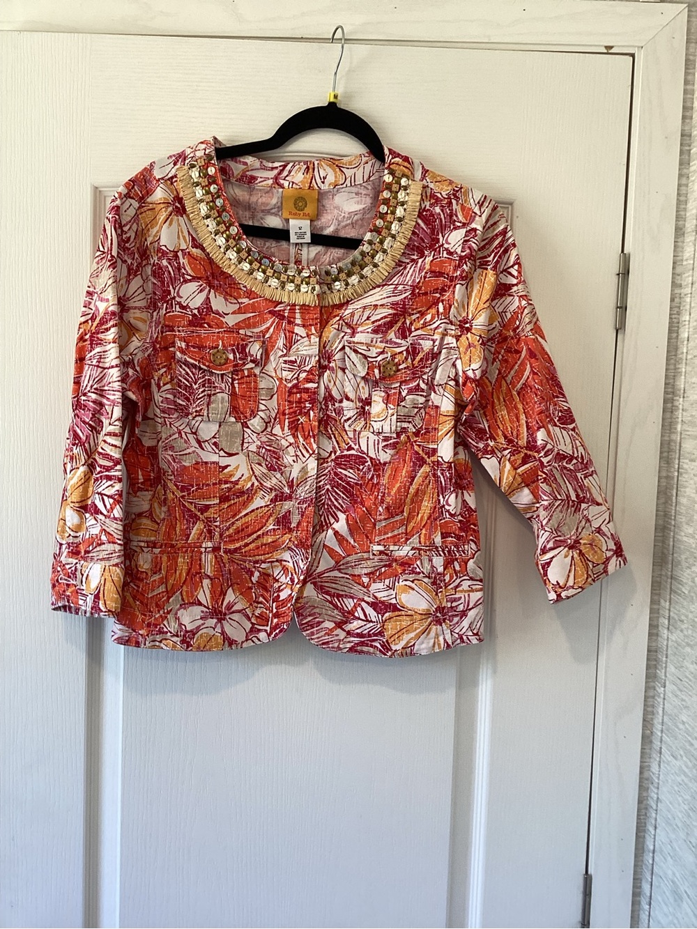 Ruby Rd. Floral Beaded Neck Jacket - Orange, Pink & Yellow 12 EUC